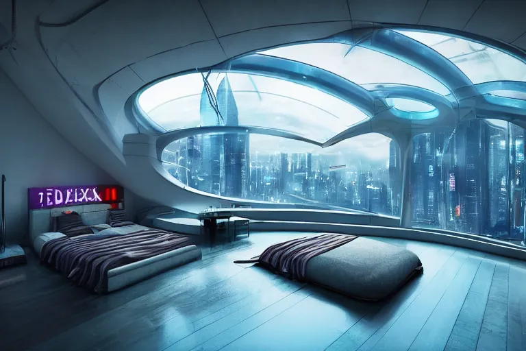 Image similar to a futuristic bedroom with large curved ceiling high windows looking out to a far future cyberpunk cityscape, cyberpunk neon lights, raining, scifi