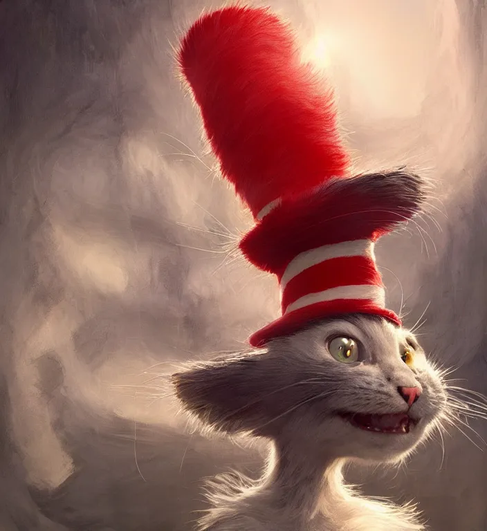 Image similar to complex 3 d render, hyper detailed, ultra sharp, of the cat in the hat, scary, funny, cinematic, natural soft light, rim light, art by greg rutkowski and craig mullins and moebius, dr seuss