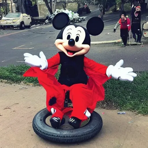 Prompt: “ a large fairy in a mickey mouse suit trying to ride a unicycle up a mountain of garbage”