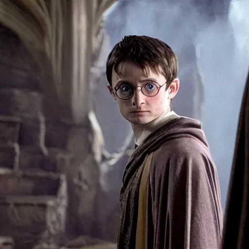 Image similar to Elijah Wood as Harry Potter casting a spell, wizard, robe, wand