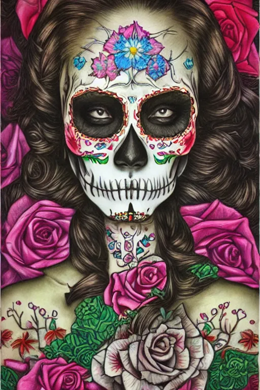 Prompt: Illustration of a sugar skull day of the dead girl, art by chie yoshii