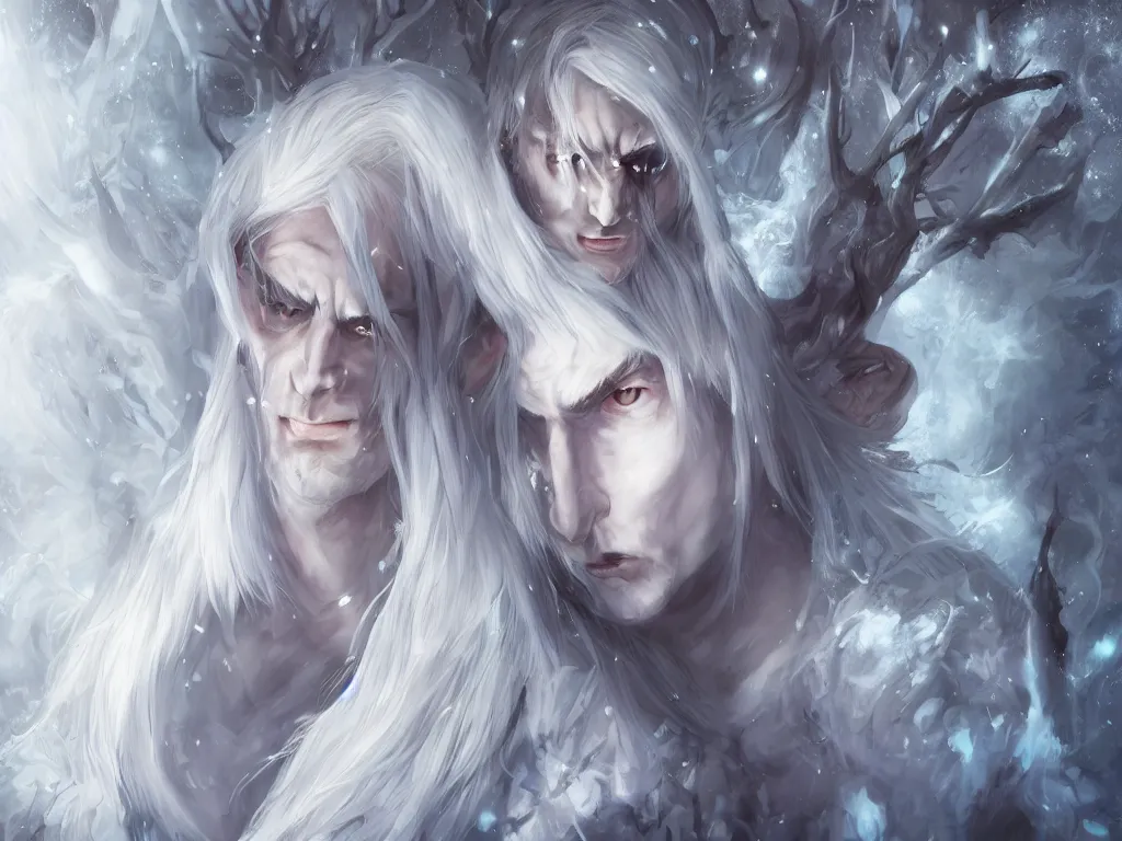 Prompt: the frightening archfey called'the prince of frost ', full - body portrait, fantasy, white hair, blue skin, wild eyebrows, young adult, elf, crown, hard edges, soft lighting, professional lighting, trending on artstation