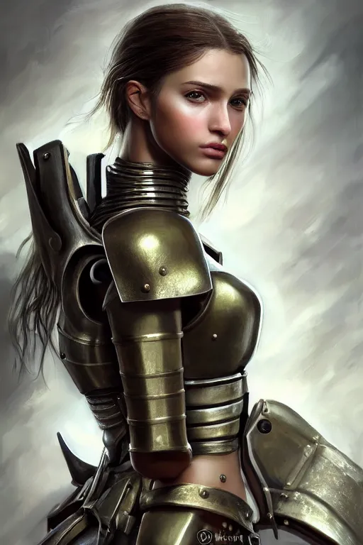 Image similar to a photorealistic painted portrait of an attractive young girl, partially clothed in metal-plated battle armor, olive skin, long dark hair, flawless skin, beautiful bone structure, symmetric facial features, perfect photorealistic eyes, natural physique, intricate, elegant, digital painting, concept art, finely detailed, beautifully illustrated, sharp focus, minimal artifacts, from Metal Gear, by Ruan Jia and Mandy Jurgens and Artgerm and William-Adolphe Bouguerea, in the style of Greg Rutkowski, trending on Artstation, award winning art