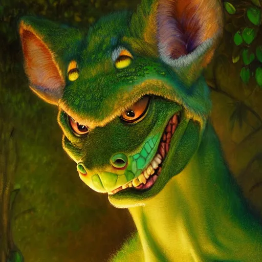 Image similar to a portrait of a male green reptile in farmer clothes at night in a dark forest. zootopia fursona furaffinity furry art detailed face painting by gaston bussiere craig mullins jc leyendecker gustav klimt artgerm greg rutkowski furry