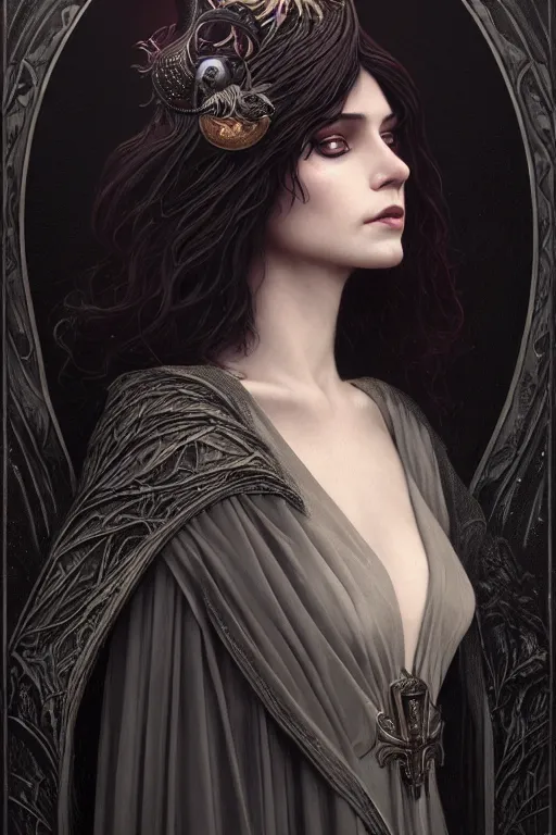 Image similar to a portrait of the Raven Queen, dark magic, illustration, dramatic lighting, soft details, painting oil on canvas, art nouveau, octane render, HDR, 4k, 8k, HD, by Edmund Blair Leighton, Brom, Charlie Bowater, trending on artstation, ,Tom Bagshaw faces by otto Schmidt