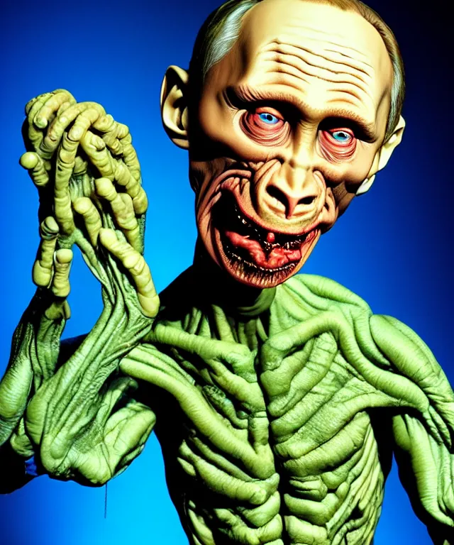 Prompt: hyperrealistic rendering, cronenberg flesh monster vladimir putin by art of skinner and richard corben and jeff easley, product photography, action figure, sofubi, studio lighting, colored gels