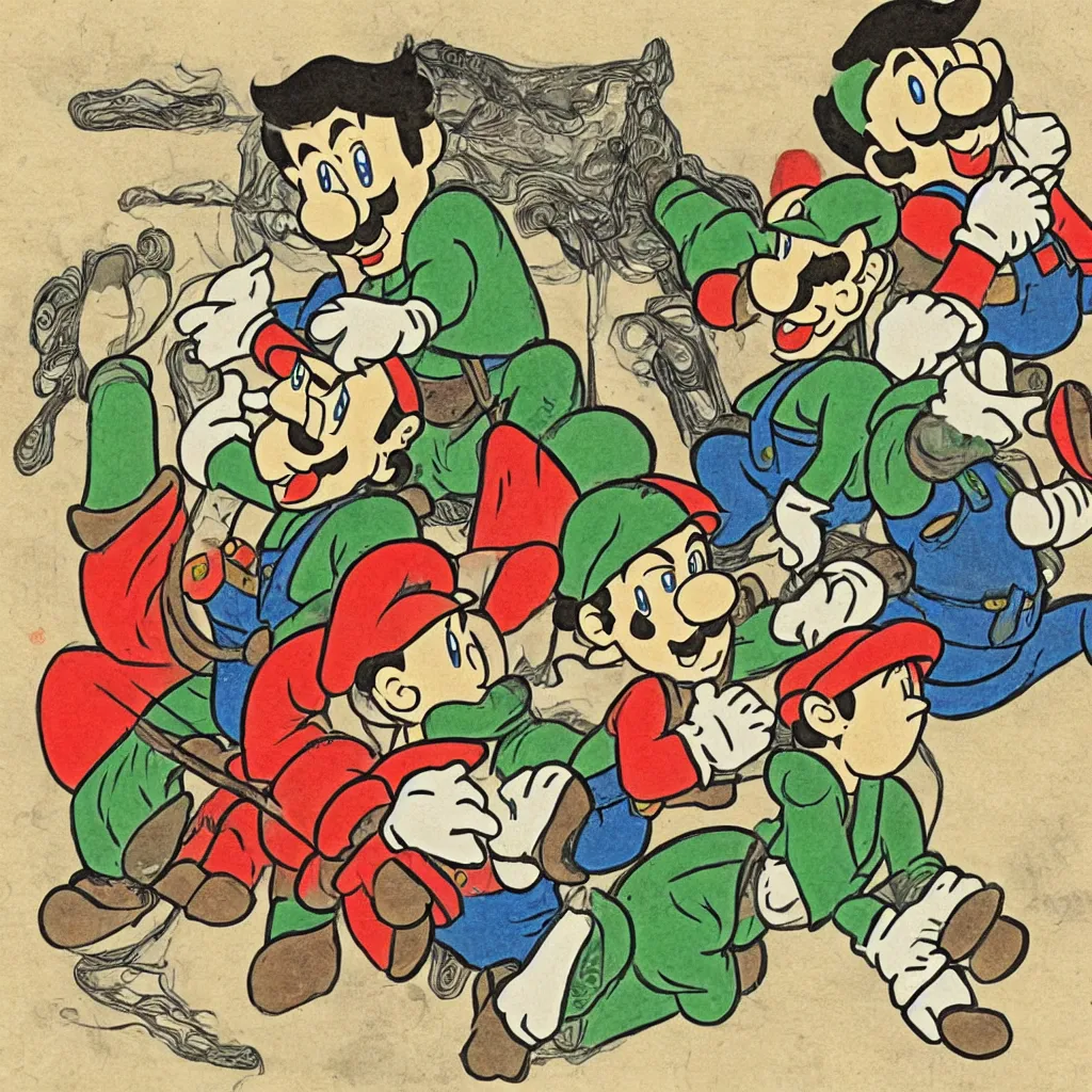 Image similar to Mario and Luigi depicted as an Edo-era illustration