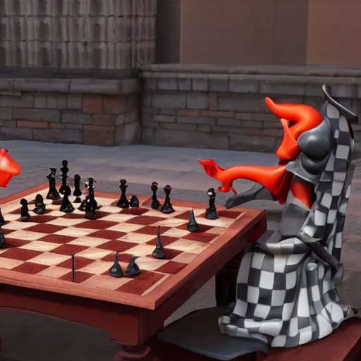 Image similar to grim reaper playing chess with a red cat at a table on a sunny veranda, 8 k, ultra realistic, unreal engine 5