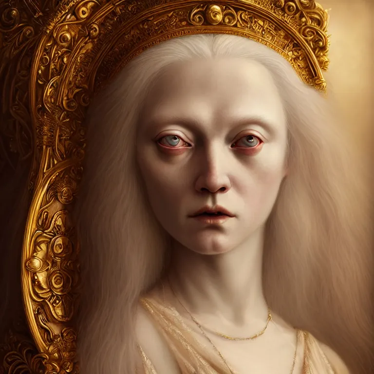 Image similar to renaissance style a wonderful woman albino goddess with a wonderful face and realistic body with long intricate hair with a beautiful porcelain symmetrical body dressed with a majestic warp ornate semi transparent cream long cotton dress, hightly ornate, intricate, detailed, dramatic light, cinematic, award winning, octane render, tom bagshaw style