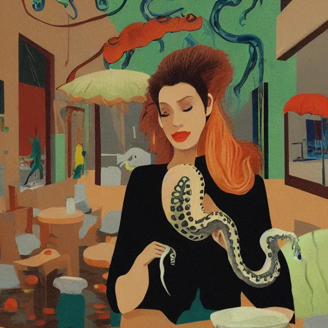 Image similar to tall female emo artist holding an octopus in a flooded cafe, bagels, pigs, water gushing from ceiling, painting of flood waters inside a cafe, a river flooding indoors, pomegranates, pigs, ikebana, water, octopus, river, rapids, waterfall, black swans, zen, canoe, berries, acrylic on canvas, surrealist, by magritte and monet