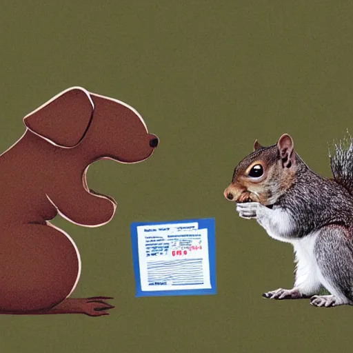 Image similar to a dog cop giving a speeding ticket to a squirrel, digital art