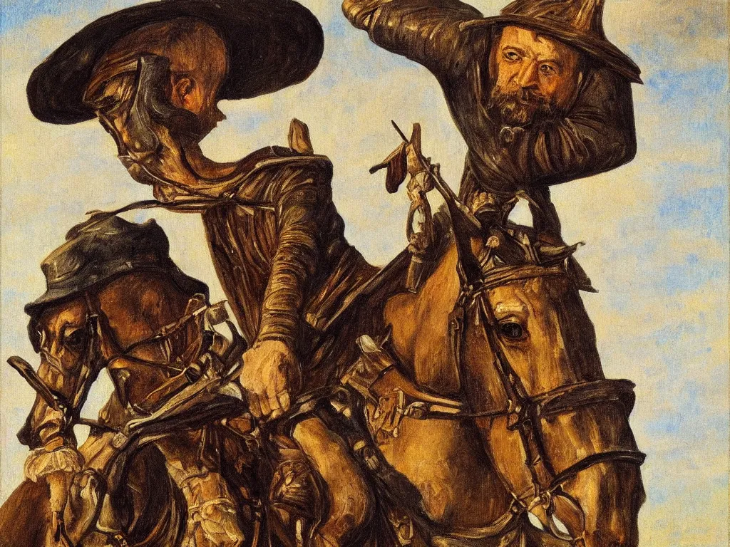 Image similar to portrait of a don don quixote, windmill, realism, oil painting, highly detailed, pre - raphaelite style