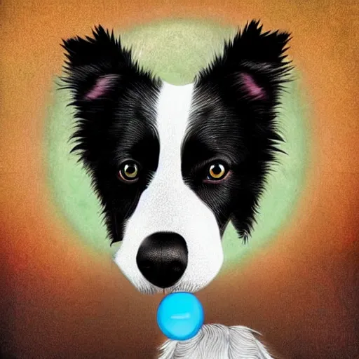 Image similar to Surrealistic digital art of a white and brown Border Collie dog with the Earth on his mouth