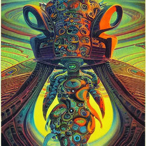 Prompt: colourful ornate afrofuturist biomorphic opart, 6 0 s space age design photography, future retro, creature god, temple, pascal blanche, roger dean, josh kirby, greg hildebrandt, donato giancola, larry elmore, arthur rackham, beksinski, sci - fi, 8 k