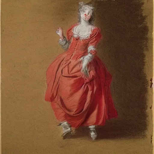 Image similar to Drawing of a woman, full body, clothed, François Boucher, red chalk, watteau