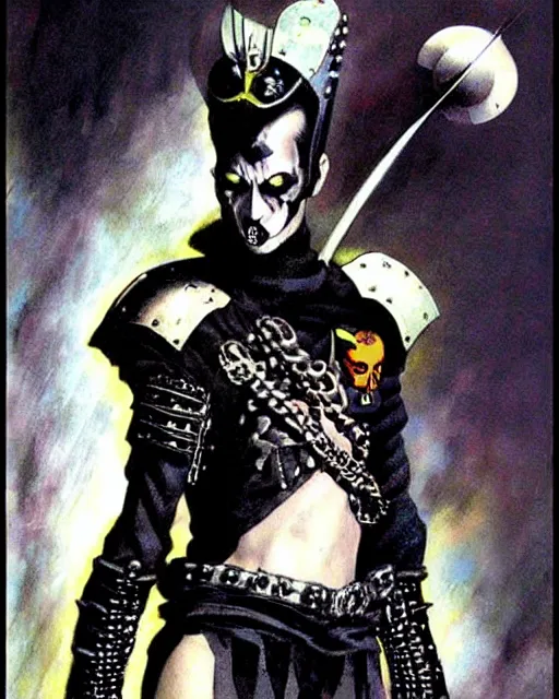 Prompt: portrait of a skinny punk goth klaus nomi wearing armor by simon bisley, john blance, frank frazetta, fantasy, thief rogue