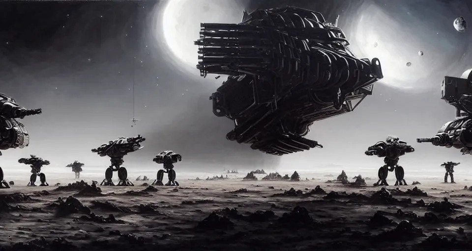 Image similar to hyper realistic sci - fi matte concept art painting of dramatic cinematic battle scene between humanoid battlemechs fighting on the moon, guns, missiles, explosions, beautiful details, strong composition painted by kim jung guweta studio rutkowski, james gurney and greg rutkowski, and lucasfilm, smooth, intricate, detailed, sharp focus, cinematic