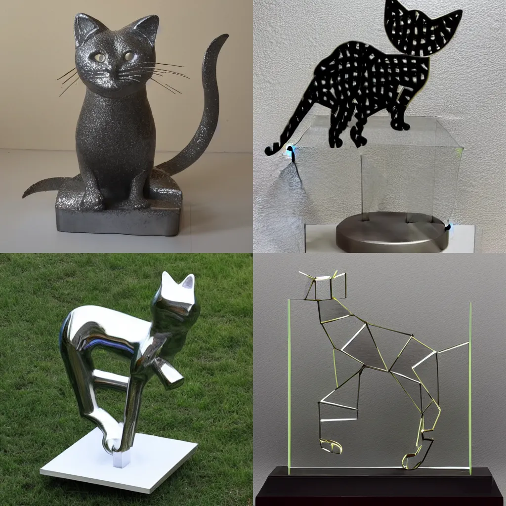 Prompt: a abstract sculpture made of metal and glass in the shape of a cat