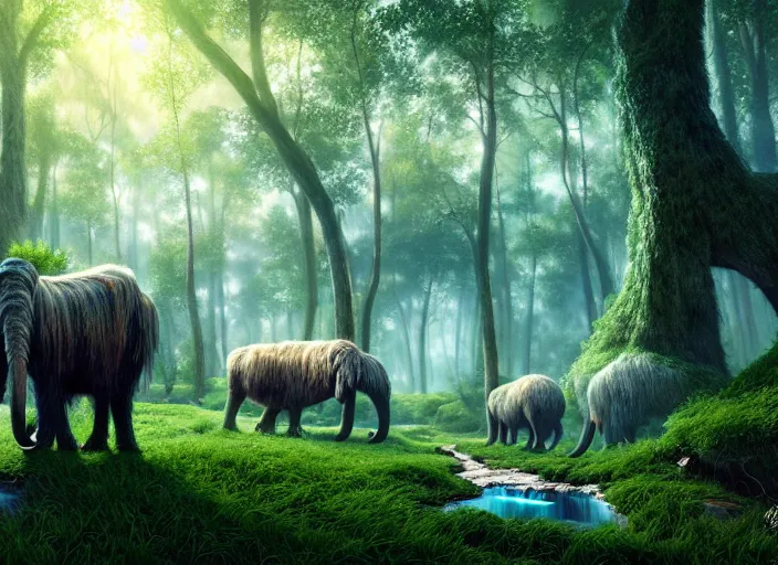 Image similar to hyperrealism, detailed textures, photorealistic, 3 d render, a surreal mystical forest with a bright blue winding creek with a herd of wooly mammoths grazing, ultra realistic cinematic, intricate, cinematic light, concept art, illustration, art station, unreal engine