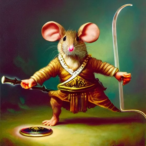 Prompt: mouse warrior reaches for floating crystal, famous oil painting, award winning, 8k scan