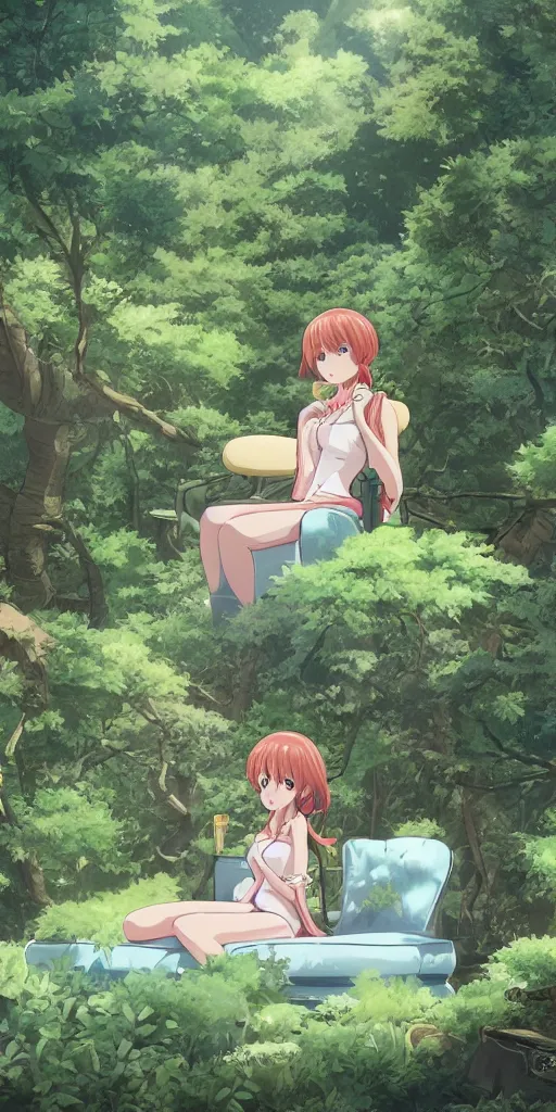 Image similar to landscape shot of a single queen sitting by herself on a sofa in a forest, drawn by CloverWorks, elegant, beauty,