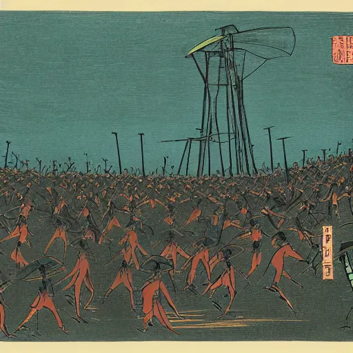 Prompt: war of the worlds, late meiji period, colored woodblock