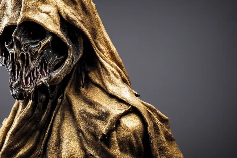 Prompt: photo taken of an epic intricate, ultra detailed, super realistic sculpture of a nightmarish hellish demonic hooded grim reaper on display in a workshop, created by weta workshop, zoomed in shots, photorealistic, sharp focus, f 0. 4, face centred, macro photography, golden ratio, golden hour