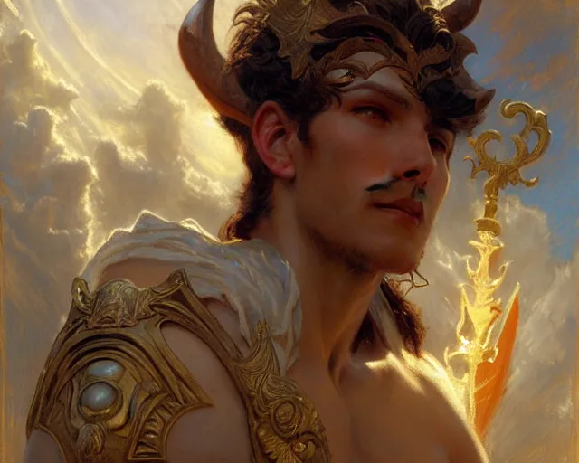 Image similar to attractive pagan male deity, summons handsome lucifer morning star. highly detailed painting by gaston bussiere, craig mullins, j. c. leyendecker 8 k