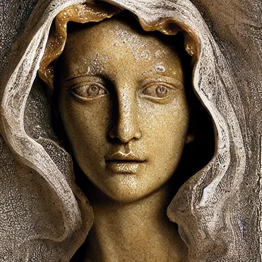 Prompt: a masterpiece marble sculpture of the veiled virgin, subsurface cracks, !dramatic !face, !female, covered in intricate !detailed golden !!streaked veil , physically based rendering, ultra photo realistic , dark background by Dan Hillier