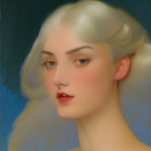 Image similar to a young woman's face, her hair is white and she wears a cobalt blue satin cloak, by ivan aivazovsky and syd mead and moebius and gaston bussiere and roger dean and pieter claesz and paul delaroche and alma tadema and aelbert cuyp and willem claesz, hyperrealistic, volumetric light, octane render