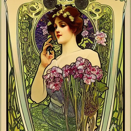 Prompt: Art Nouveau style painting of Phalaenopsis orchids, high detail by Alphonse Mucha