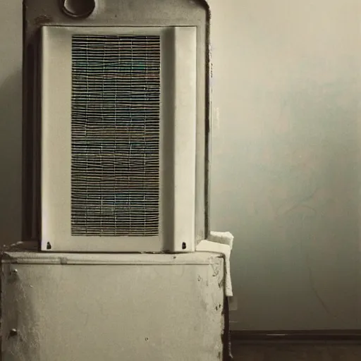 Prompt: dirty air - conditioning machine in the bedroom of a young teenager the wet walls crumbling, blurred, faded, depth of field, ultra realistic, very detailed, by gerhard richter, nadav kander, 8 k hyper realistic detailed cinematic still