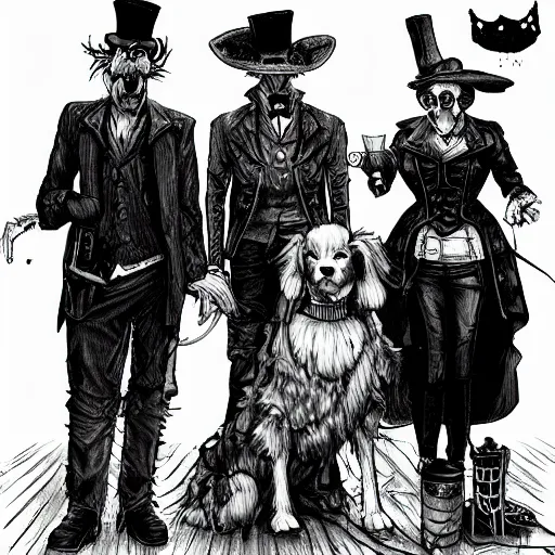 Image similar to portrait of a ragtag team of three dogs dressed as thieves in a dark haunted steampunk setting