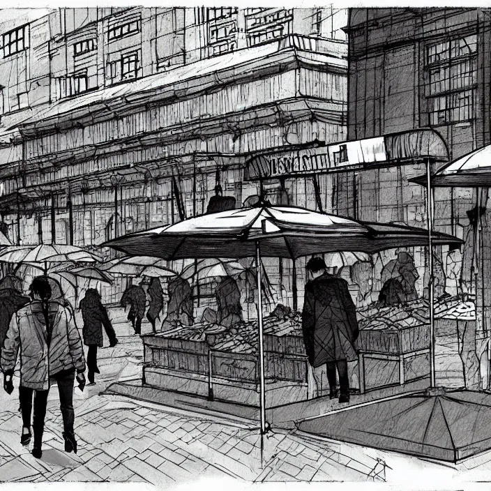 Image similar to close view of market stall. umbrellas on the stall. set in a square, pedestrians walk past. background of old soviet monument. storyboard, scifi cyberpunk. by gabriel hardman, joe alves, chris bonura. cinematic atmosphere, detailed and intricate, perfect anatomy