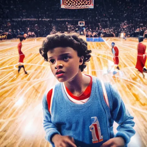 Image similar to will from stranger things playing basketball and making a shot in an nba stadium , close up shot, wide angle, lens flares