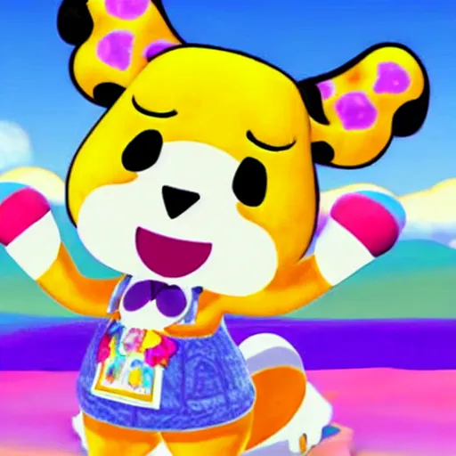 Image similar to isabelle from animal crossing in the style of lisa frank