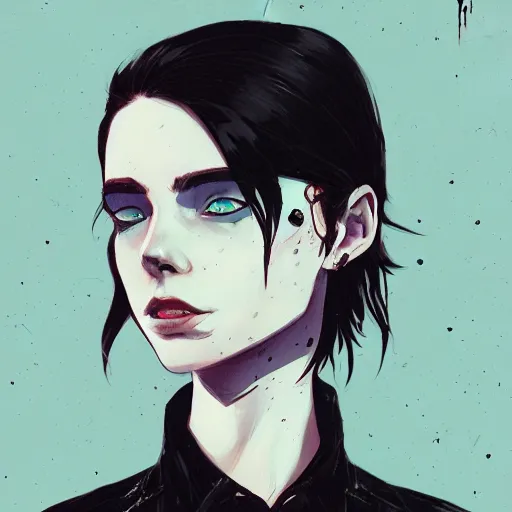 Image similar to Highly detailed portrait of a punk zombie young lady by Atey Ghailan, by Loish, by Bryan Lee O'Malley, by Cliff Chiang, ((dark blue moody background))