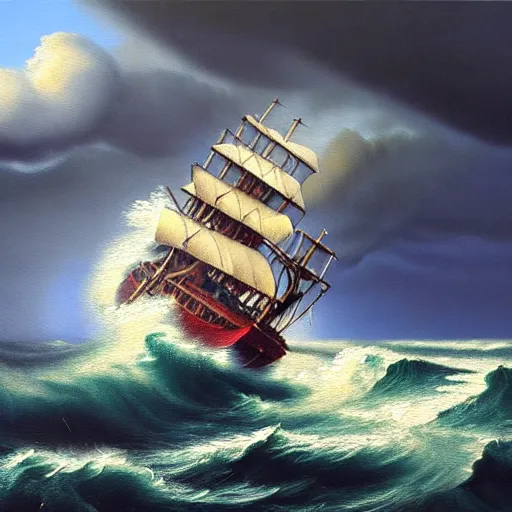 Image similar to a photo realistic oil painting of a galleon caught in a storm with high waves and lightning