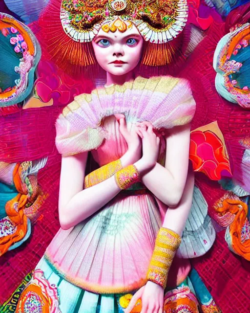 Prompt: a beautiful cute Elle Fanning wearing modern stylish costume in the style of Assamese bihu mekhela sador gamosa design, commercial fashion design art by Hikari Shimoda, face by victor nizovtsev and daz3d genesis iray, cinematic lighting, medium shot, mid-shot, slim female figure ramp walk model pose, highly detailed, trending on Artstation, Unreal Engine 4k, cinema 4d multi-pass ray traced, 8k fabric texture details, octane render, diffused natural skin glow