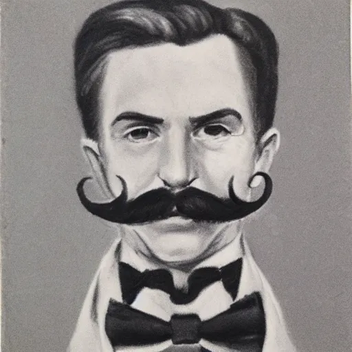 Image similar to charcoal portrait of an early 20th century occult detective mustache, bow tie