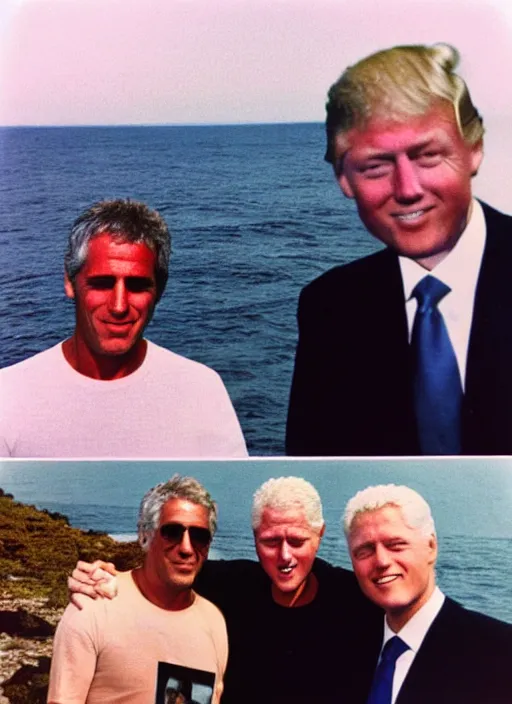 Image similar to polaroid of jeffrey epstein, bill clinton, and donald trump on an island