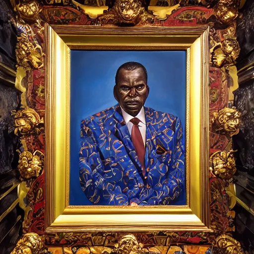 Image similar to a painting of a XXL Loving, caring, generous, ever-present, humble, wise elder from Kenya in a suit by Kehinde Wiley . Fatherly/daddy, focused, loving, leader, relaxed,. ethereal lights, details, smooth, sharp focus, illustration, realistic, cinematic, artstation, award winning, rgb , unreal engine, octane render, cinematic light, macro, depth of field, blur, red light and clouds from the back, highly detailed epic cinematic concept art CG render made in Maya, Blender and Photoshop, octane render, excellent composition, dynamic dramatic cinematic lighting, aesthetic, very inspirational, arthouse.