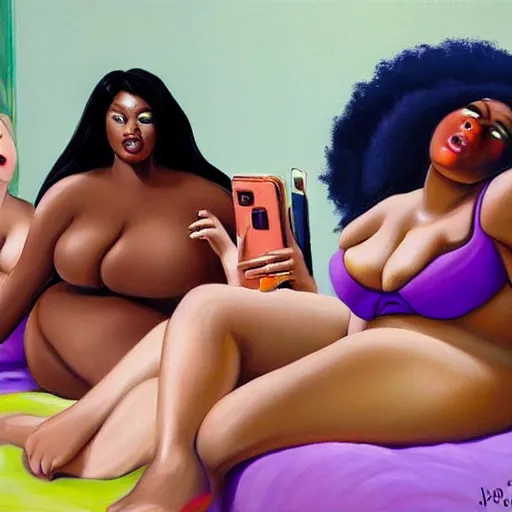 Image similar to photorealistic, stunning, coherent, beautiful painting, still of a group of black bbw models creating content taking a pictures of each other while posing in the same bed , they are all laying down, one of them is on the phone with her boyfriend , 3d, in the style of pixar, smooth, 3d, highly detailed, highly detailed, sharp focus, bokeh, depth of field, 16k resolution, Unreal Engine 5, coherent, cinematic lighting, photorealistic