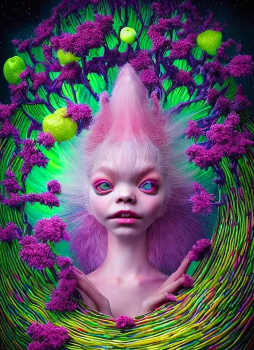 Image similar to hyper detailed 3d render like a Oil painting - kawaii portrait Aurora (a skeksi from dark crystal that looks slightly like an evil Anya Taylor-Joy) seen Eating of the Strangling network of yellowcake aerochrome and milky Fruit and His delicate Hands hold of gossamer polyp blossoms bring iridescent fungal flowers whose spores black the foolish stars by Jacek Yerka, Ilya Kuvshinov, Mariusz Lewandowski, Houdini algorithmic generative render, Abstract brush strokes, Masterpiece, Edward Hopper and James Gilleard, Zdzislaw Beksinski, Mark Ryden, Wolfgang Lettl, hints of Yayoi Kasuma, octane render, 8k