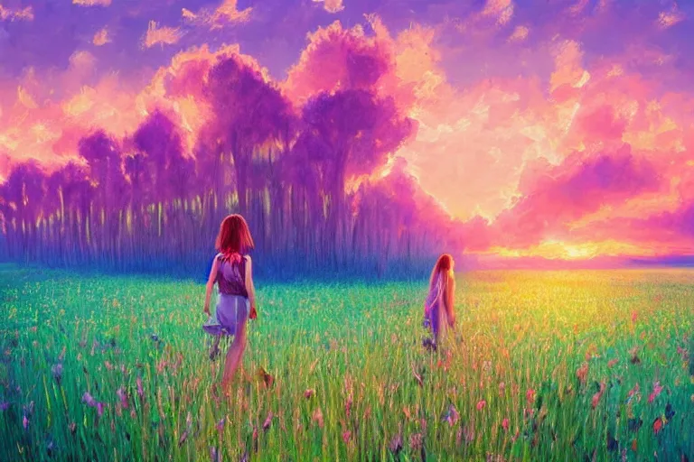 Image similar to giant gladiola head, girl walking in field of flowers, surreal photography, sunrise, blue sky, dramatic light, impressionist painting, digital painting, artstation, simon stalenhag