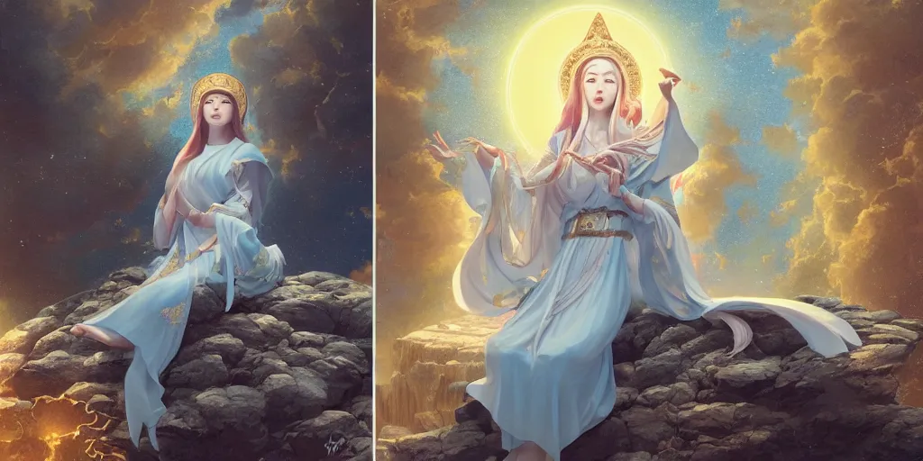 Prompt: breathtaking detailed concept art painting of the goddess of the universe, orthodox saint, sitting on a rock, sun in left loon on right golden details, by Hsiao-Ron Cheng, James jean, Miho Hirano, Hayao Miyazaki, extremely moody lighting, 8K