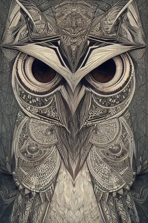 Prompt: portrait of a geometric owl, identical eyes, medium shot, fantasy, vivid, illustration, geometric tattoo style, detailed line work, symmetrical, artstation, hyperdetailed, cinematic lighting, insanely detailed and intricate, ornate, ultrasharp, by peter mohrbacher, by victor vasarely