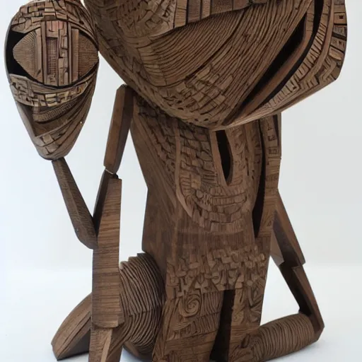 Image similar to intricate abstract wooden sculpture of a mix of alien, cubist, futuristic mayan design influences