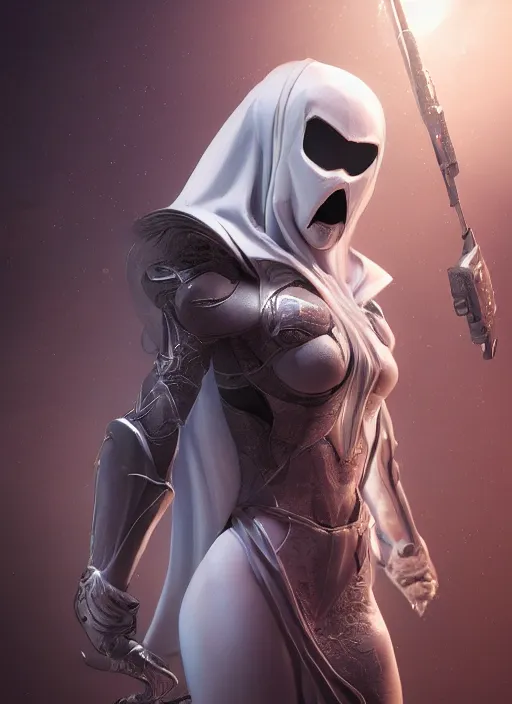 Prompt: female moon knight, hyper detailed, digital art, trending in artstation, cinematic lighting, studio quality, smooth render, unreal engine 5 rendered, octane rendered