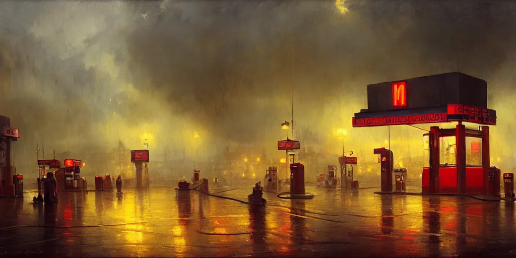 Image similar to a gas station in 1 9 4 0 with yellow and red light in the middle of the night, rainy night, a men stand up next to the pump, mystical blue fog, oil on canvas, art by andreas achenbach, clemens ascher, tom bagshaw and sabbas apterus,